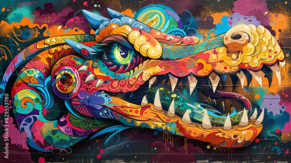 A graffiti of a crocodile with its mouth open, the colors are bright.