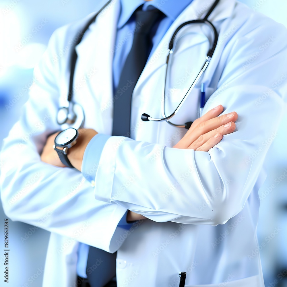 Doctor in uniform holding stethoscope and crossed arms. Hospital or clinic background and copy space Doctor in uniform holding stethoscope and crossed arms. Hospital or clinic background and copy space