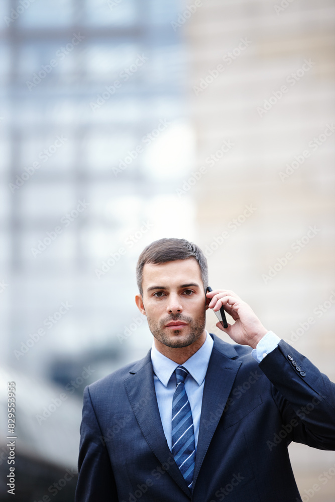 Phone call, outdoor or businessman in portrait for conversation, chat and deal communication. Travel, confident banker and serious financial advisor networking for investment, negotiation or news Phone call, outdoor or businessman in portrait for conversation, chat and deal communication. Travel, confident banker and serious financial advisor networking for investment, negotiation or news