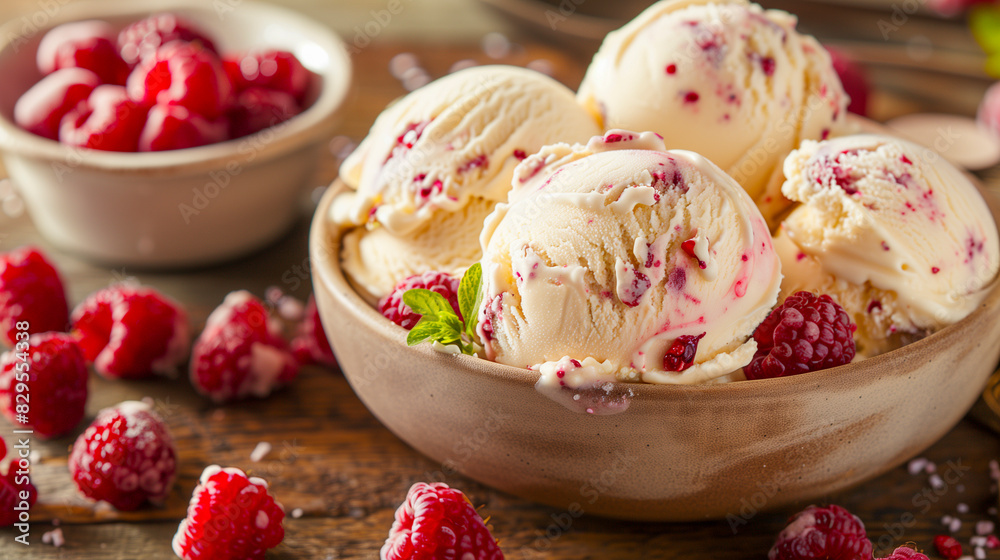 Raspberry Ripple Ice Cream in a picnic scene, served with fresh raspberries. Raspberry Ripple Ice Cream in a picnic scene, served with fresh raspberries.