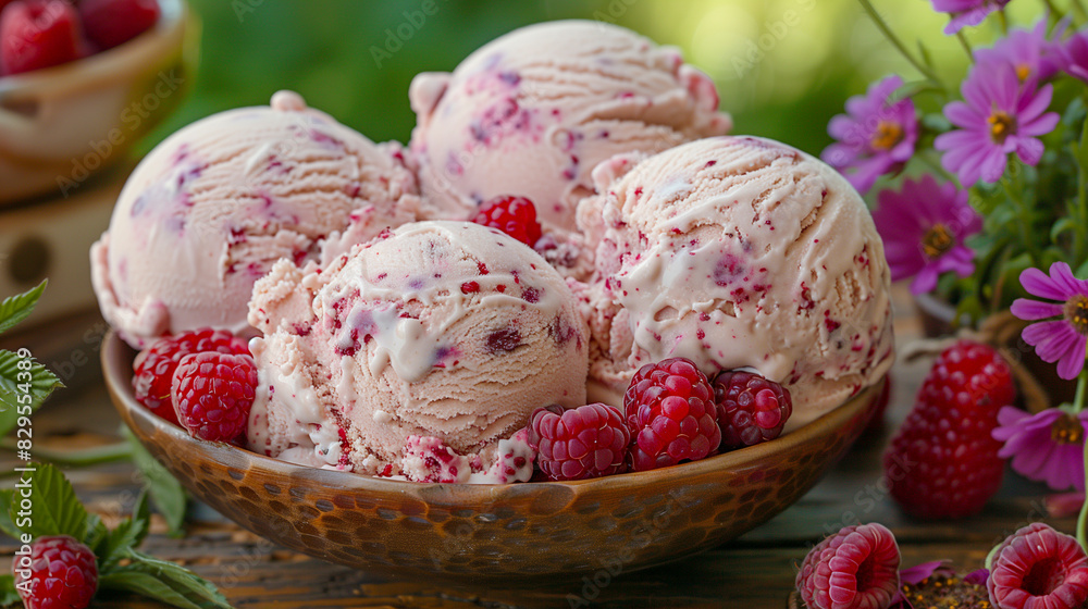 Raspberry Ripple Ice Cream in a picnic scene, served with fresh raspberries. Raspberry Ripple Ice Cream in a picnic scene, served with fresh raspberries.