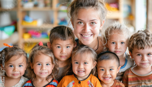 A woman is smiling and posing for a photo with a joyful group of children at an event