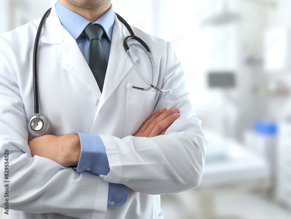 Doctor in uniform holding stethoscope and crossed arms. Hospital or clinic background and copy space
