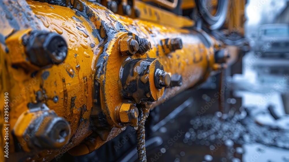 Close-up of the pipe hose attachment to the sewage truck, featuring the bolts, seals, and signs of maintenance work Close-up of the pipe hose attachment to the sewage truck, featuring the bolts, seals, and signs of maintenance work