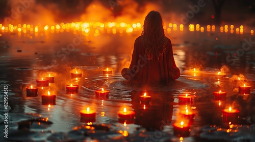 A meditative figure surrounded by a circle of candles.