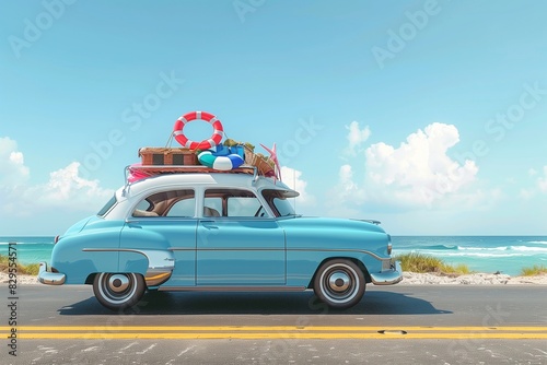 Vintage car with beach accessories on roof parked on road near seashore