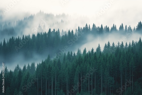 Dense forest with tall pine trees and fog on it