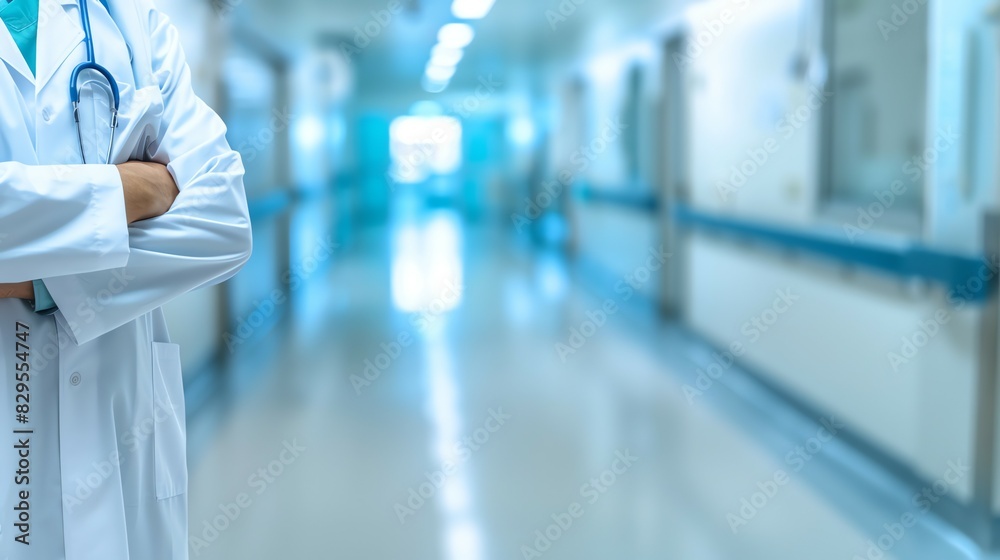 Doctor in uniform holding stethoscope and crossed arms. Hospital or clinic background and copy space