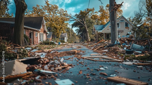Close-up of tornado damage, shattered windows, uprooted trees, debris scattered across a residential neighborhood after a destructive tornado photo