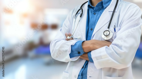 Doctor in uniform holding stethoscope and crossed arms. Hospital or clinic background and copy space