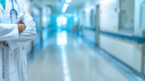 Doctor in uniform holding stethoscope and crossed arms. Hospital or clinic background and copy space