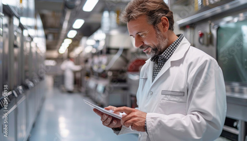 A man wearing a lab coat is carefully inspecting a tablet in a factory environment