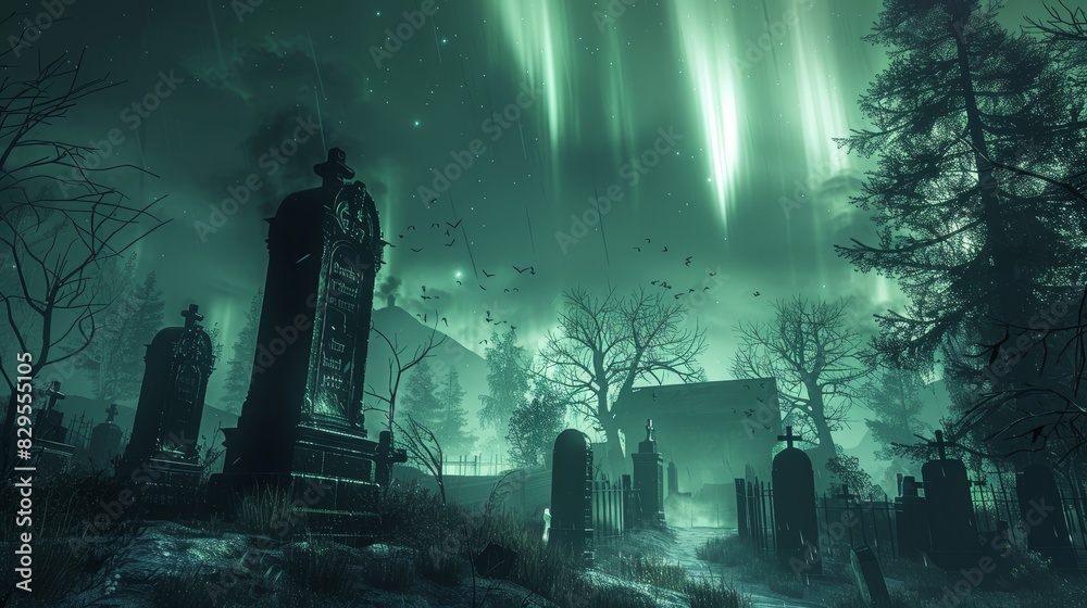 Obraz premium The dark cemetery is full of tombstones.