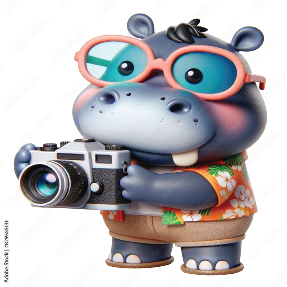 Cute hippo wearing Hawaiian costume standing holding a pro camera Cute hippo wearing Hawaiian costume standing holding a pro camera