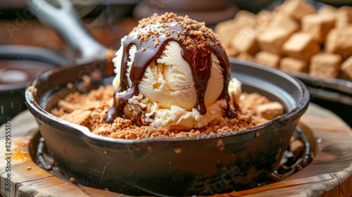 S'mores Ice Cream in a campfire setting, with graham cracker crumbs and chocolate sauce.