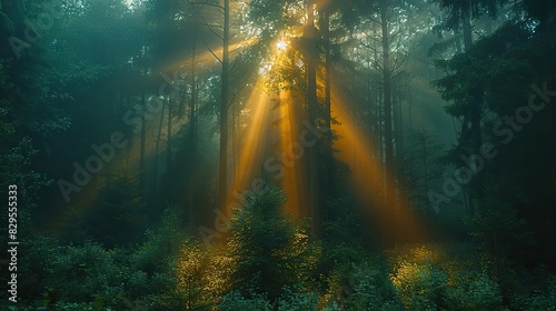 A divine light breaking through a dark forest.