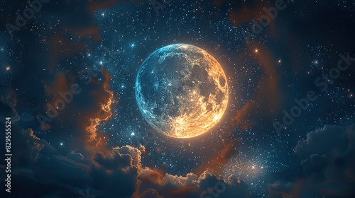 A celestial scene with a glowing moon and stars.