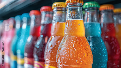 Assorted colorful soda bottles with condensation in a grocery store photo