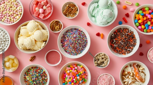 A festive ice cream party spread with assorted toppings like sprinkles, nuts, candies, and syrups, ready for DIY sundaes photo