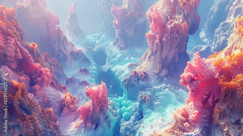 The image is an abstract painting of a coral reef photo