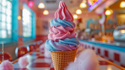 Cotton Candy Ice Cream at a carnival, served in a cone with cotton candy clouds.