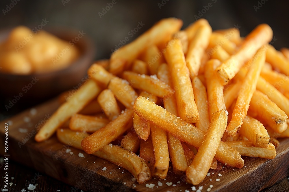 Close-up of crispy golden French fries with sea salt on a wooden board. Close-up of crispy golden French fries with sea salt on a wooden board.