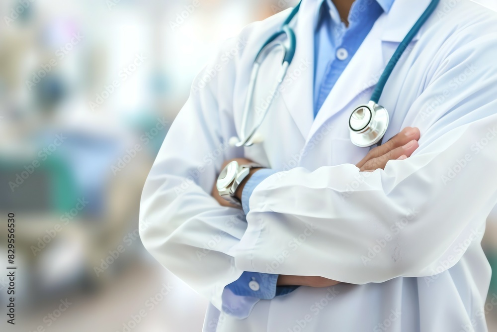 Doctor in uniform holding stethoscope and crossed arms. Hospital or clinic background and copy space Doctor in uniform holding stethoscope and crossed arms. Hospital or clinic background and copy space