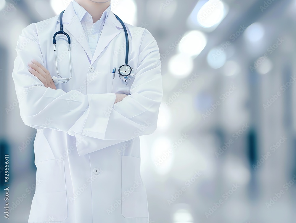 Doctor in uniform holding stethoscope and crossed arms. Hospital or clinic background and copy space Doctor in uniform holding stethoscope and crossed arms. Hospital or clinic background and copy space
