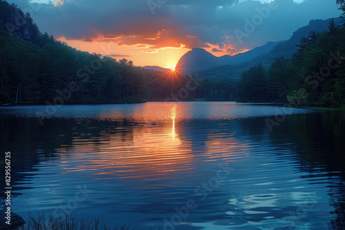 Twilight colors reflect perfectly on a calm mountain lake  creating a serene scene