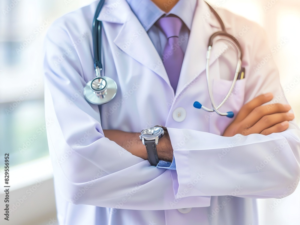 Doctor in uniform holding stethoscope and crossed arms. Hospital or clinic background and copy space Doctor in uniform holding stethoscope and crossed arms. Hospital or clinic background and copy space