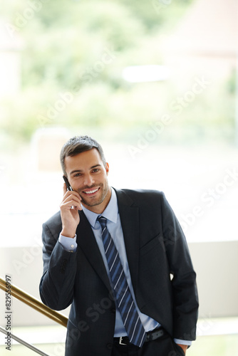 Business man, portrait and phone call in communication, news or information at law firm office. Corporate lawyer, attorney or broker smile and talking on mobile and stairs for legal advice or contact