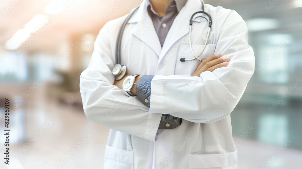 Doctor in uniform holding stethoscope and crossed arms. Hospital or clinic background and copy space Doctor in uniform holding stethoscope and crossed arms. Hospital or clinic background and copy space