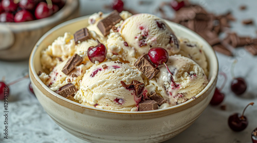 Cherry Garcia Ice Cream in a nostalgic scene, served with chocolate chunks and cherries.