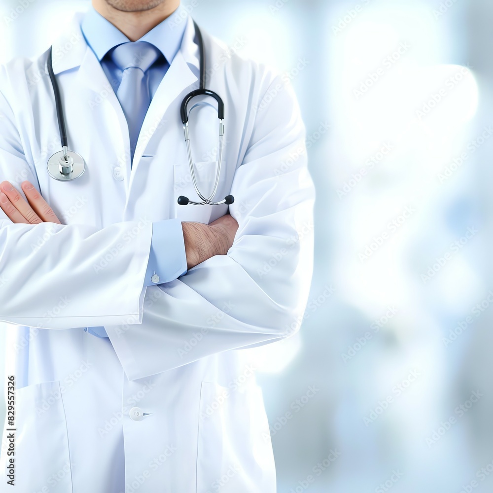Doctor in uniform holding stethoscope and crossed arms. Hospital or clinic background and copy space