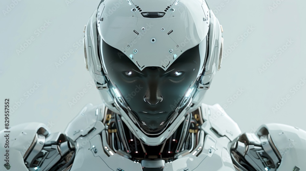 The image shows a close-up of a robot's head. The robot has a white, metallic face with a black visor. It is looking at the viewer with its glowing blue eyes. The image shows a close-up of a robot's head. The robot has a white, metallic face with a black visor. It is looking at the viewer with its glowing blue eyes.