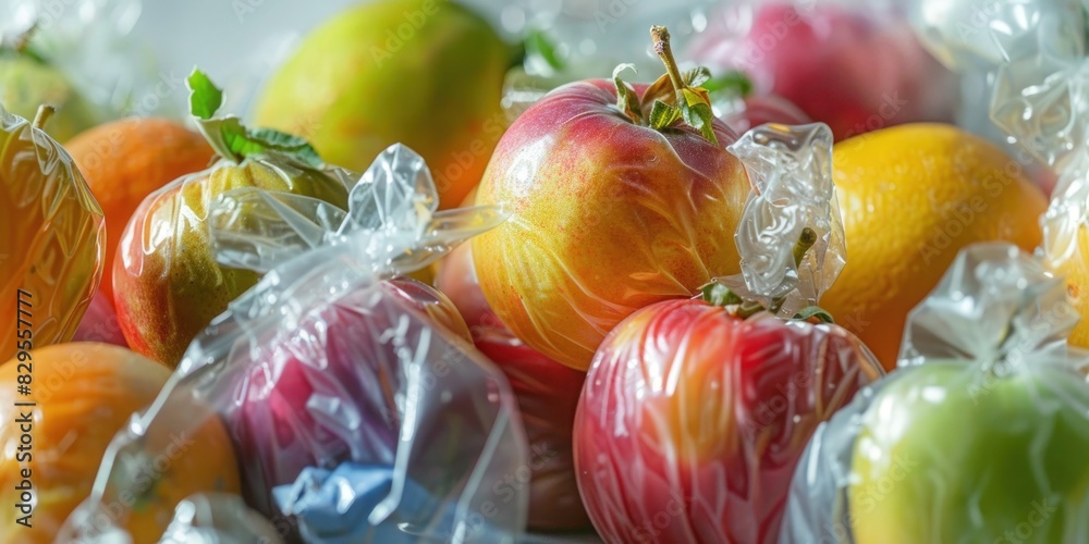 Translucent biodegradable plantbased plastics wrapping around ripe