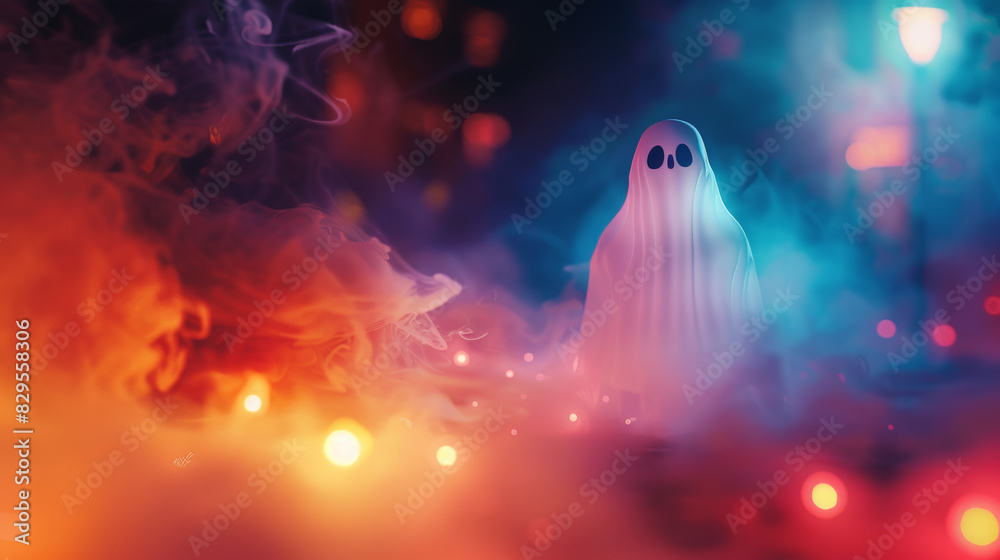 Halloween Theme, Ghostly Figure with Eerie Mist and Copyspace Halloween Theme, Ghostly Figure with Eerie Mist and Copyspace