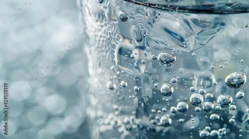 A glass of water with condensation droplets forming on the exterior, indicating its refreshing and chilled temperature.