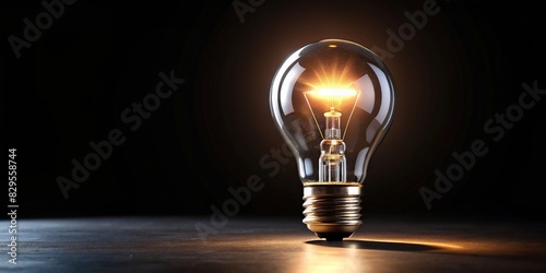 Single light bulb shining in pitch black setting photo