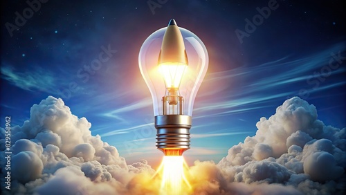 rendering of a rocket launching from a bright lightbulb idea concept
