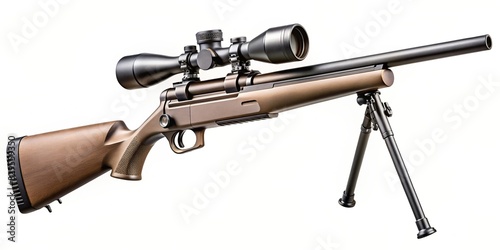 Bolt-action rifle with suppressor and scope at a distance photo