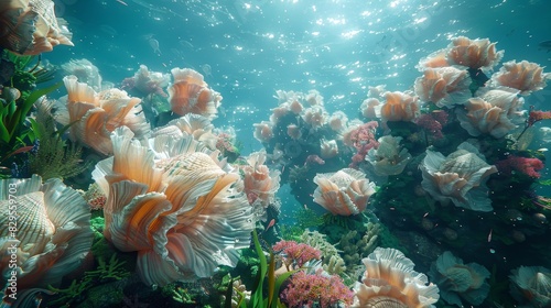 Underwater garden of pink and white flowers.