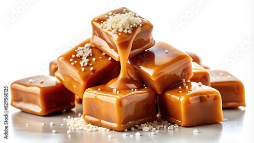 Creamy caramel sauce drizzling over crunchy sea salt toffee chunks on white background