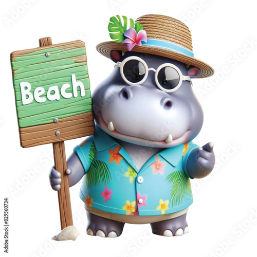 Hippo wearing Hawaiian clothes  holding a beach sign summer sea travel holiday ocean