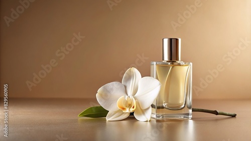 Minimalistic bottle of fragrance with white vanilla flower in hard light on beige background