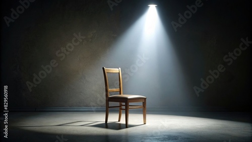 Solitude and illumination concept with a flashlight shining on a lone chair in an empty room photo