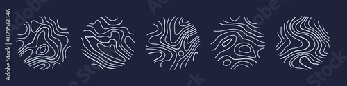 Circular wood rings or topographic map lines texture set. Wood tree topographic abstract lines collection flat style design vector illustration contour isolated pattern design.