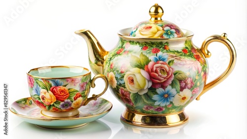 Colorful vintage porcelain teapot and teacup set isolated on background