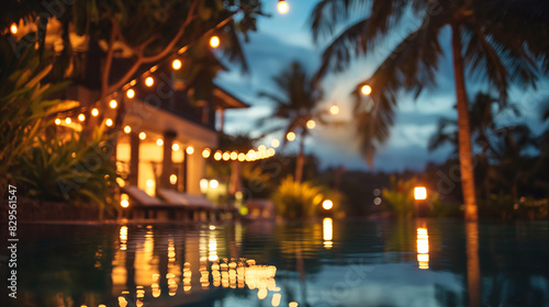 A blurred focus background with tropical resort at sunset with distant lights and palm leaves. Swimming pool on the foreground. Summer vacation and travel concept. Banner with copy space.