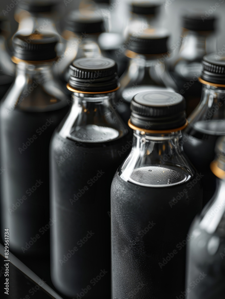 Obraz premium Close-up of black glass bottles with condensation.